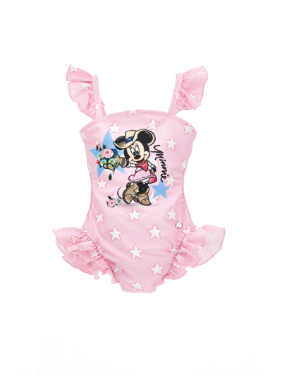 Monnalisa Kids'   Minnie Stretch One-piece Swimsuit In Pink + White