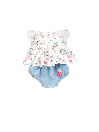 Monnalisa Babies'   Two-piece Cotton Suit In White + Multicolor