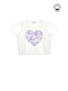 Monnalisa Organic Cotton T-shirt With Tulle Sleeves In Cream + Wisteria