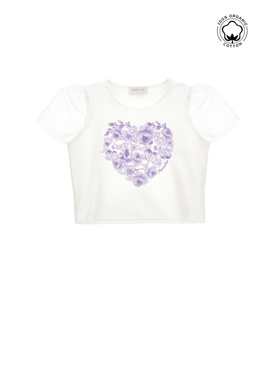 Monnalisa Kids'   Organic Cotton T-shirt With Tulle Sleeves In Cream + Wisteria