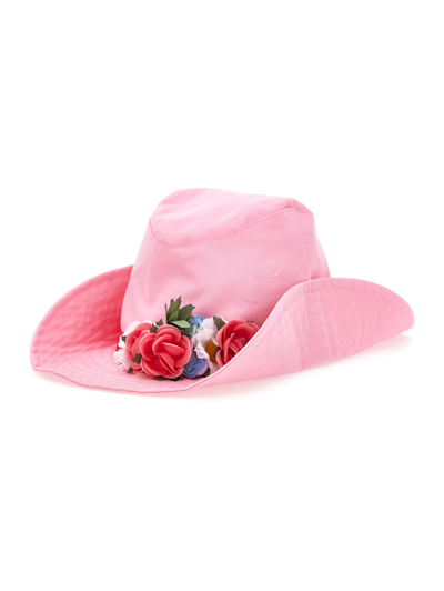 Monnalisa Kids'   Gabardine Hat With Flowers And Studs In Rosa Fairy Tale