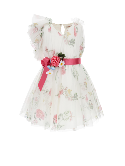 Monnalisa Kids'   One Shoulder Tulle Dress In Cream + Multicolor