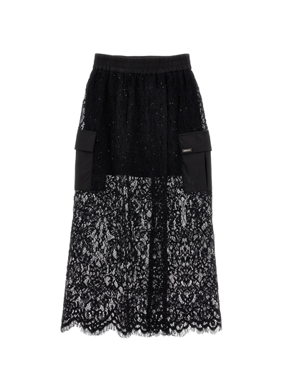Monnalisa Long Sequined Lace Skirt In Black