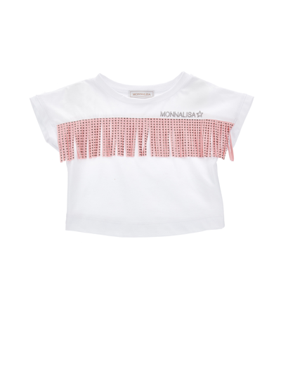 Monnalisa Fringed Organic Cotton T-shirt In White + Rosa Fairytale