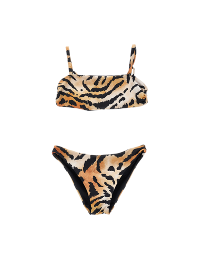 Monnalisa Kids'   Tiger Print Two-piece Swimsuit In Caramel + Black