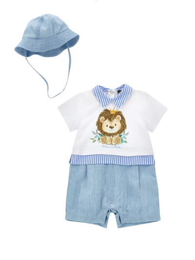 Monnalisa Kids'   Lion Two-piece Set In White + Indigo