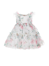 Monnalisa Floral Tulle Dress In White + Multicolor