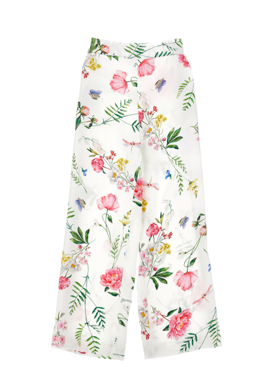 Monnalisa Kids'   Botanical Satin Trousers In Cream + Multicolor