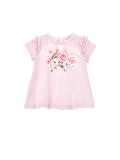 Monnalisa Kids'   Maxi T-shirt With Ruffles In Rosa Fairy Tale