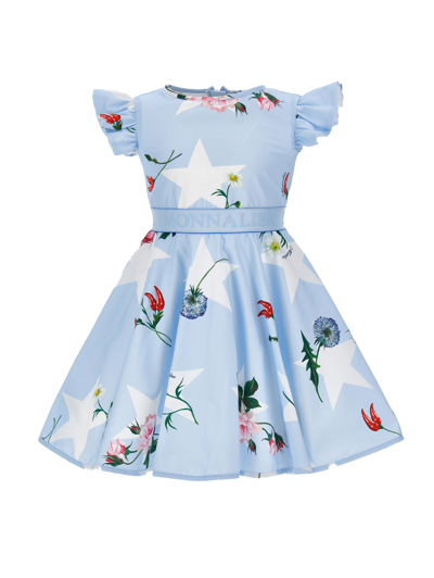 Monnalisa Babies'   Cotton Dress With Logo Insert In Light Blue