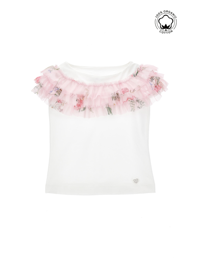 Monnalisa Kids'   Organic Cotton T-shirt With Tulle In Cream + Pink