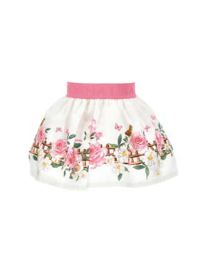Monnalisa Kids' Popeline-rock Mit Vogelmotiv In White + Multicolor