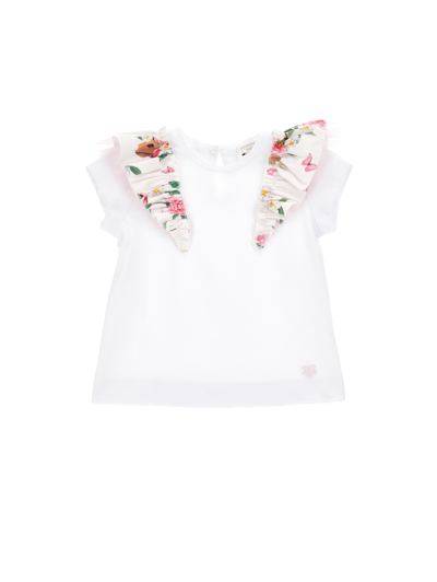 Monnalisa Jersey T-shirt With Ruffles In White + Multicolor