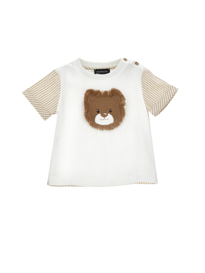 Monnalisa Kids'   Cotton T-shirt With Lion In White + Ecru