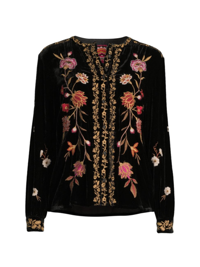 Johnny Was Quinn Velvet Mandarin Shirt In Black In Rich Red