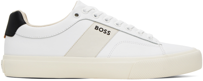 Hugo Boss White Cupsole Contrast Band Trainers In Open White 110