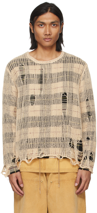 R13 Beige Overlay Distressed Sweater In Crm Blk/beige Plaid