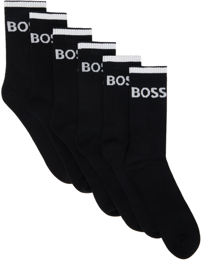 Hugo Boss Six-pack Black Ribbed Short Socks In Black 001