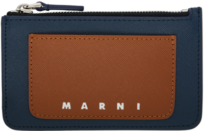 Marni Navy & Brown Saffiano Leather Card Holder In Zo719 Moca/night Blu