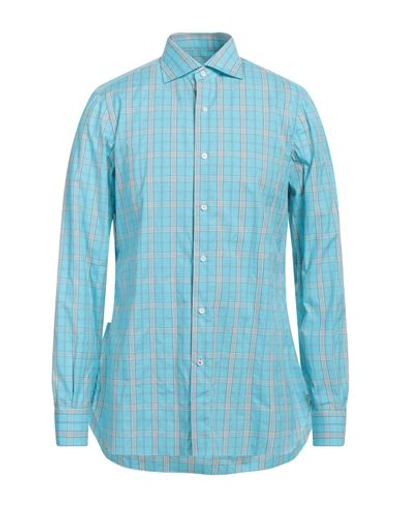 Isaia Man Shirt Turquoise Size 16 Cotton In Blue