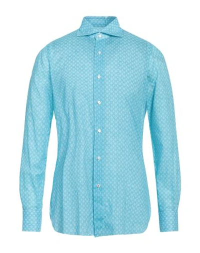 Isaia Man Shirt Turquoise Size 17 Cotton In Blue