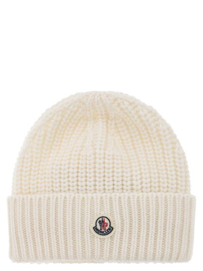 Moncler Logo Patch Cable Knit Beanie In White