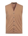 +39 Masq Man Cardigan Camel Size 42 Organic Cotton In Beige