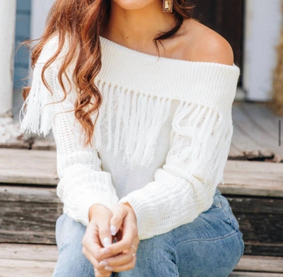 Southern Grace Total Frill Off The Shoulder Fringe Sweater In White