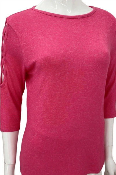 French Kyss 3/4 Sleeve Lattice Crew Neck In Candy In Pink