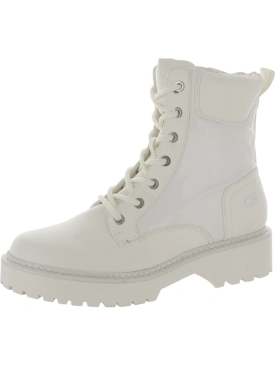 Calvin Klein Sallon Womens Faux Leather Round Toe Combat & Lace-up Boots In White