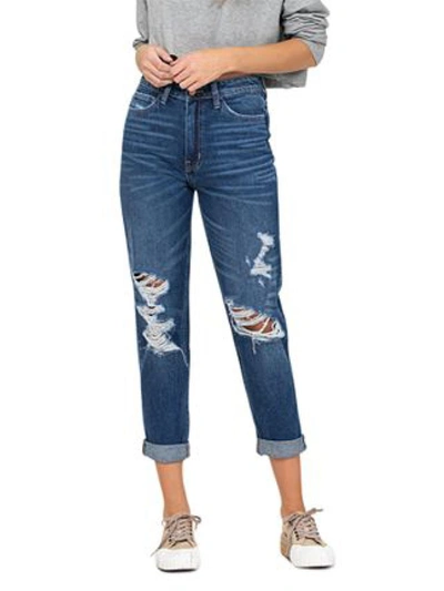Flying Monkey Mom Womens Distressed Medium Wash Cropped Jeans In Blue