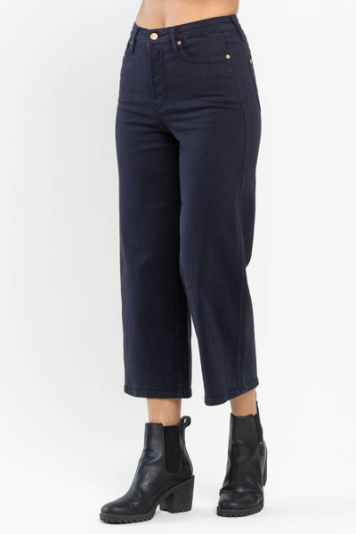Judy Blue High Rise Garment Dyed Cropped Wide Leg Jeans W/ Tummy Control In Navy In Blue