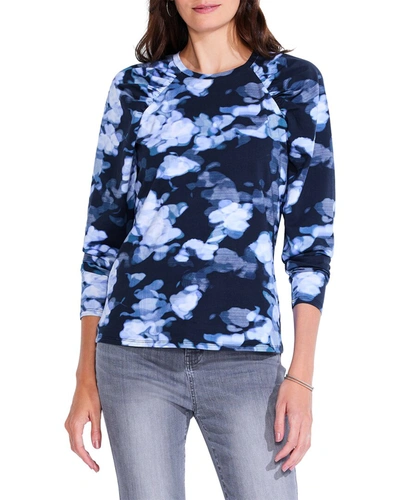 Nic + Zoe Nic+zoe Blurred Floral Puff Shoulder Top In Blue