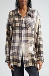 R13 SHREDDED SEAM BLEACHED PLAID OVERSIZE COTTON FLANNEL BUTTON-UP SHIRT