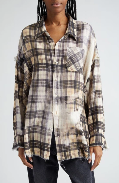 R13 Shredded Seam Bleached Plaid Oversize Cotton Flannel Button-up Shirt In Bleached Black/ Beige Plaid