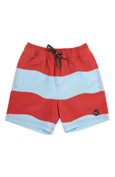 Feather 4 Arrow Kids' Wave Stripe Volley Swim Trunks In Chili Pepper