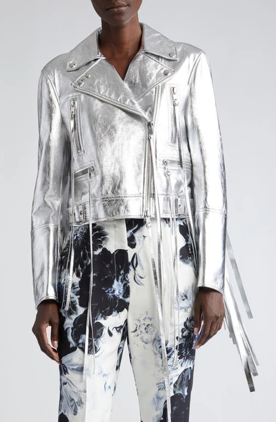 Alexander Mcqueen Fringed Biker Jacket In Silver