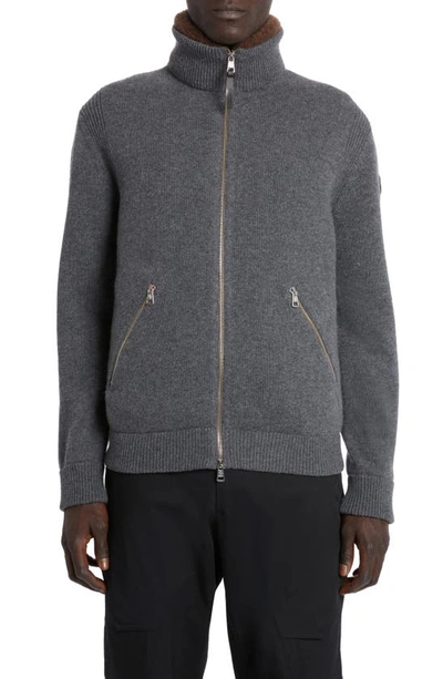 Moncler Wool 750 Fill Power Down Cardigan With Removable Genuine Shearling Trim In Silver Gray Melange