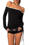 Edikted Captain Off The Shoulder Long Sleeve Top In Black-and-white