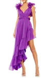 MAC DUGGAL RUFFLE CUTOUT ASYMMETRIC CHIFFON COCKTAIL DRESS