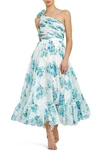 MAC DUGGAL FLORAL PRINT RUFFLE CUTOUT ONE-SHOULDER MIDI DRESS