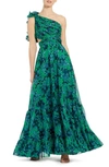 MAC DUGGAL RUFFLE RUCHED FLORAL PRINT ONE-SHOULDER GOWN