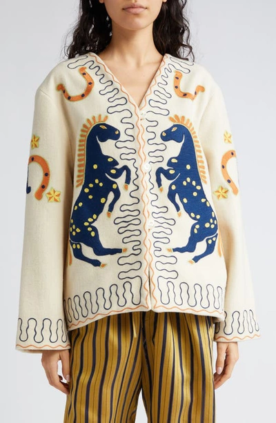 Bode Winter Stallion Stitched Wool Jacket In Cream Multi