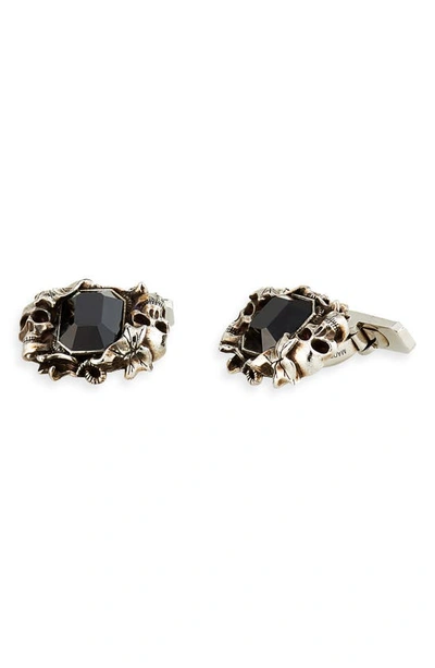 Alexander Mcqueen Ivy Skull Cufflinks In Antique Silver Black