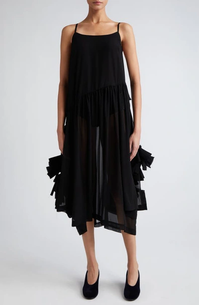 Comme Des Garçons Bow Accent Tiered Georgette Midi Dress In Black