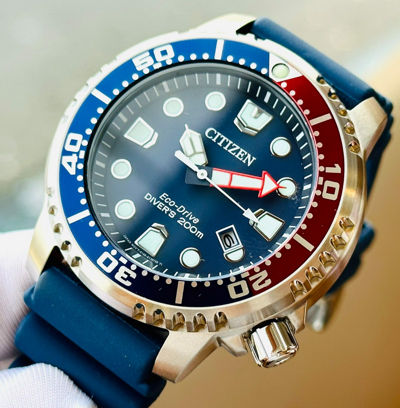 Pre-owned Citizen Eco-drive Promaster Diver Men's Watch Silver Tone Blue Dial Bn0168-06l