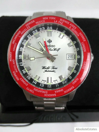 Pre-owned Zodiac Super Sea Wolf Gmt World Time Automatic Silver Red Watch Zo9410