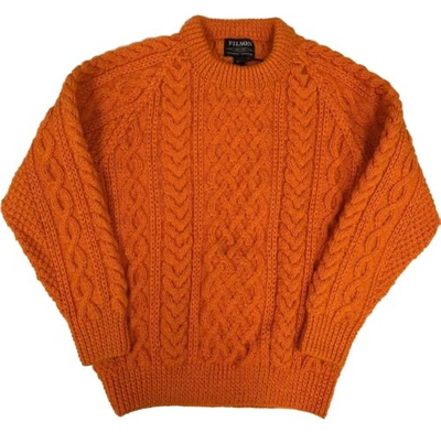 Pre-owned Filson Wool Fisherman's Sweater 20205484 Orange Flame Scottish Cable Hand Knit