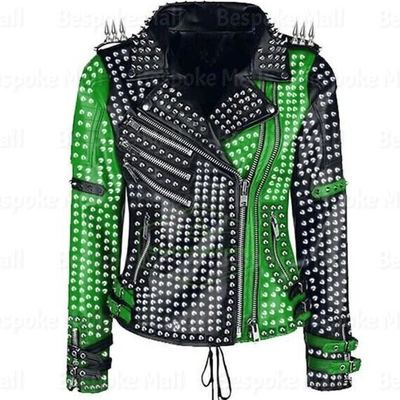 Pre-owned Brando Mens Two Tone  Studded Punk Rock Spikes Motorcycle Biker Leather Jacket In Black