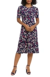 London Times Floral Elbow Sleeve Inset Waist Midi Dress In Navy Coral